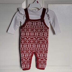 Shabby Chic, 3-6 months winter shirt and overalls, red and white.